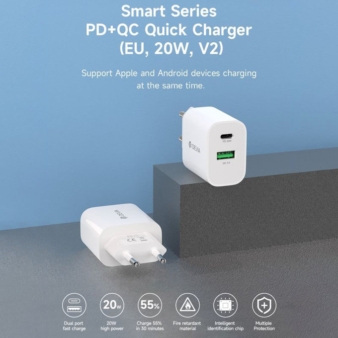 Charging Adapter Smart USB-C + USB-A, PD 20W, White, Devia