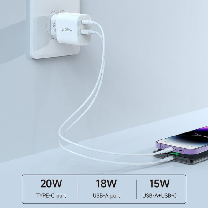Charging Adapter Smart USB-C + USB-A, PD 20W, White, Devia
